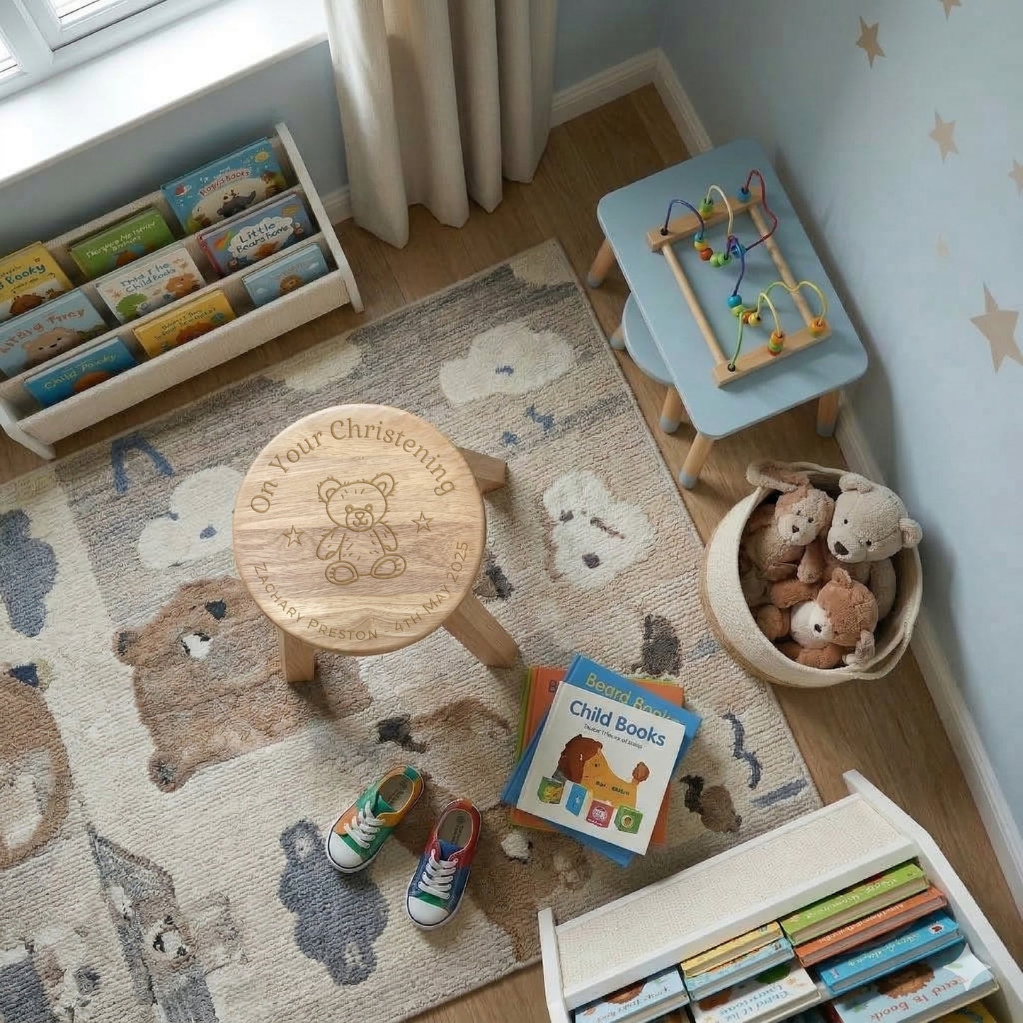 Personalised Engraved Wooden Toddler Stool - Teddy Bear | Custom Step Stool for Kids | Nursery Gift