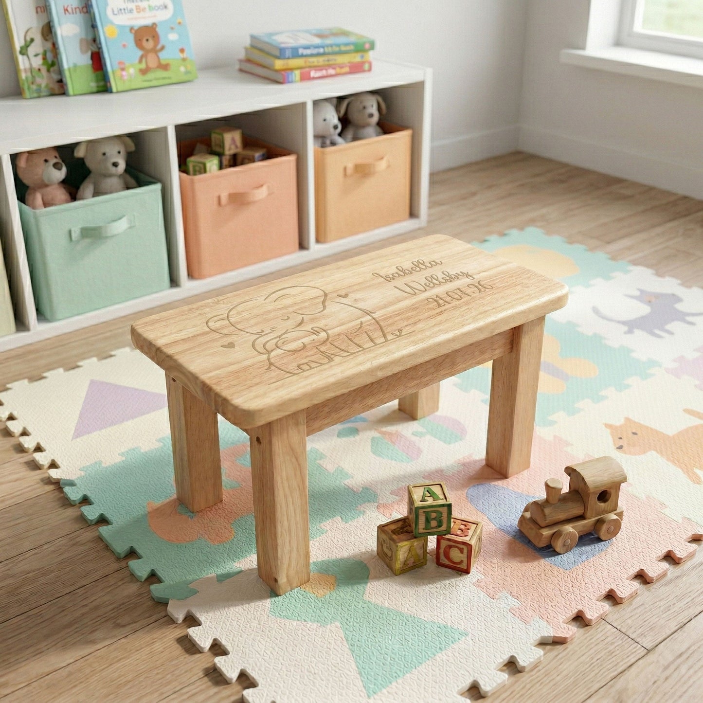 Personalised Engraved Children's Wooden Rectangular Stool Elephant Design | New Baby or Christening Gift