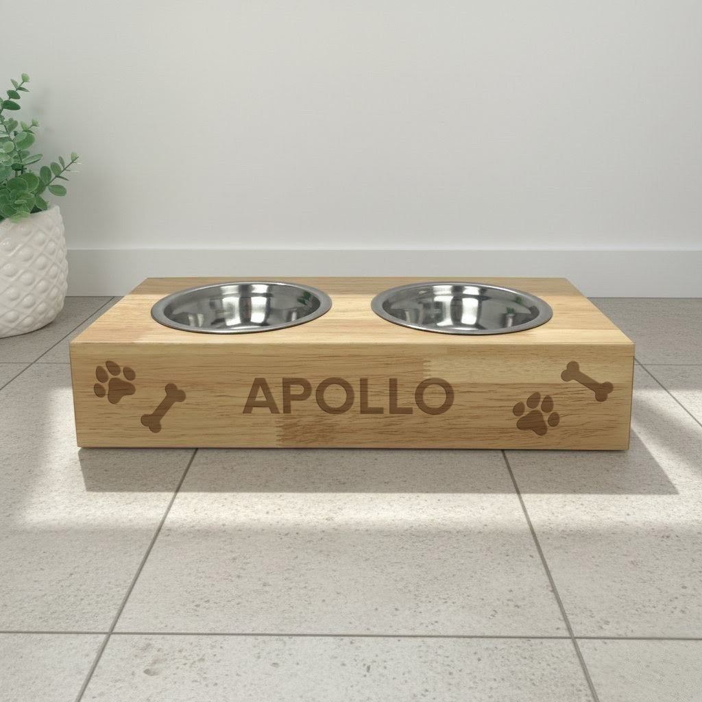 Personalised Wooden Raised Double Dog Bowl