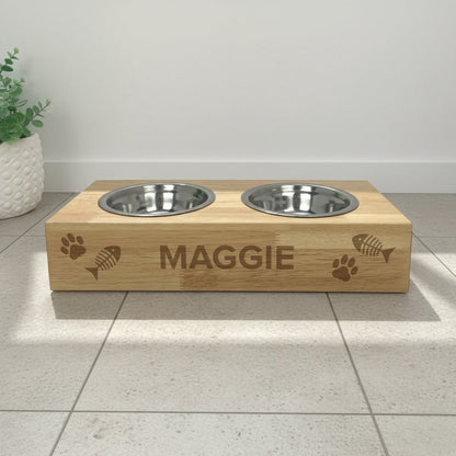 Personalised Wooden Raised Double Cat Bowl