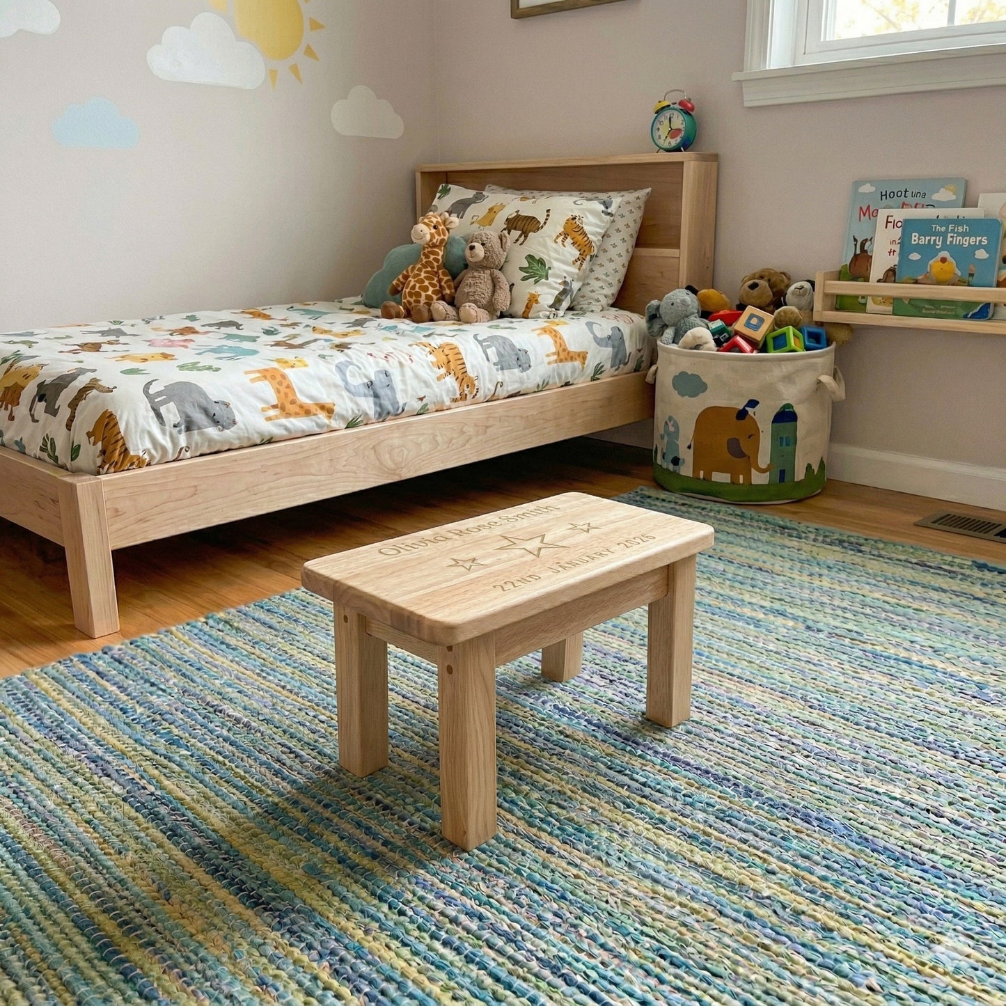 Personalised Rectangular Engraved Wooden Child’s Stool – Choose Your Icon