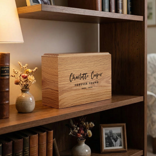 Personalised Slim Oak Urn For Cremation Ashes - Modern Script Design