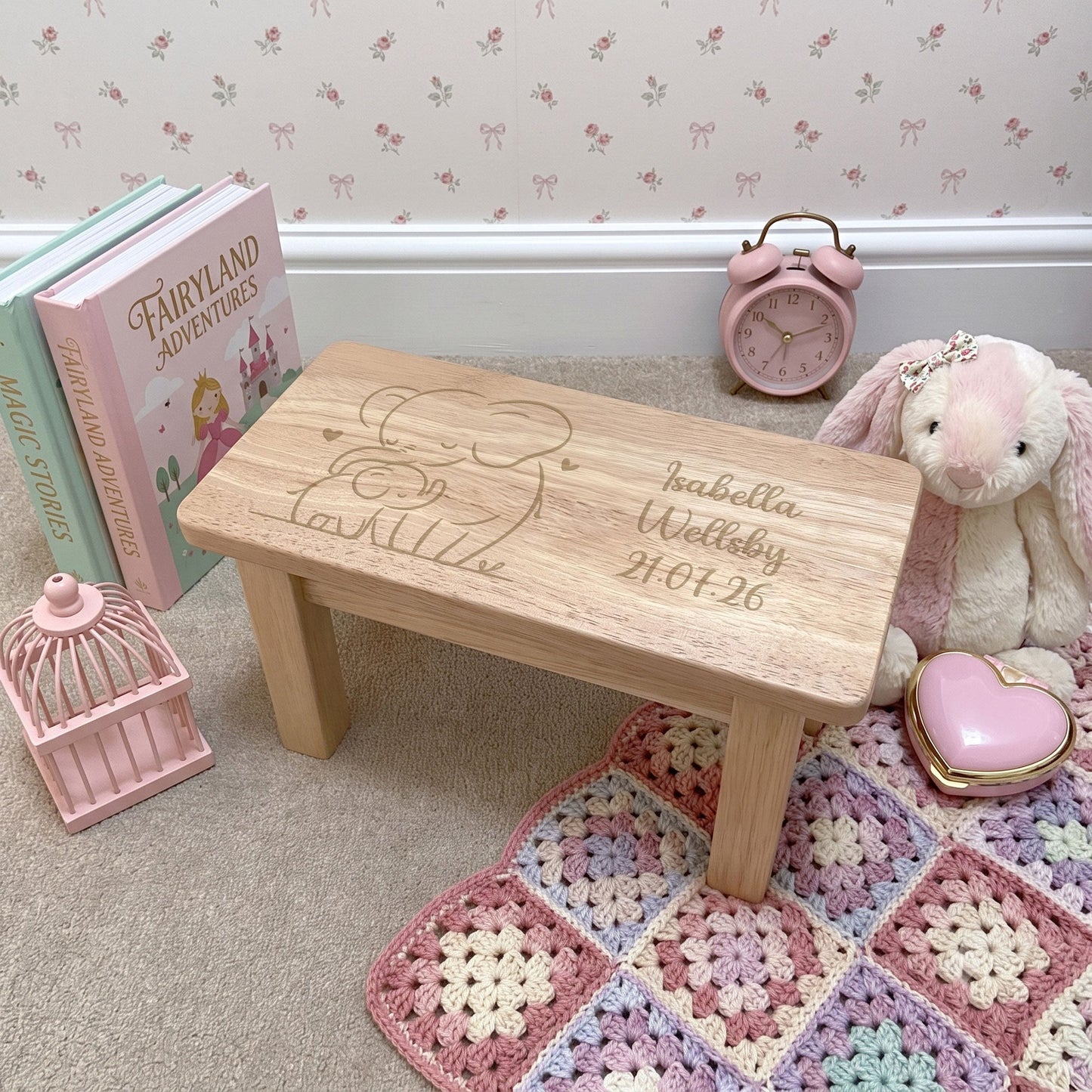 Personalised Engraved Children's Wooden Rectangular Stool Elephant Design | New Baby or Christening Gift