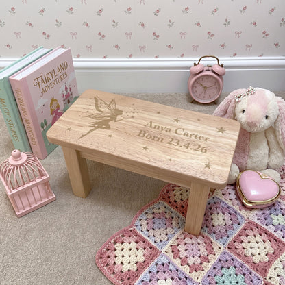 Personalised Engraved Children's Wooden Rectangular Stool Fairy Design | New Baby or Christening Gift