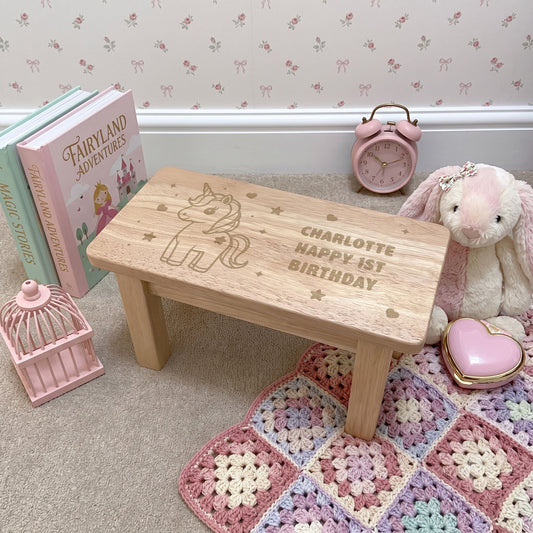 Personalised Engraved Children's Wooden Rectangular Stool Unicorn Design | New Baby, Toddler or Christening Gift
