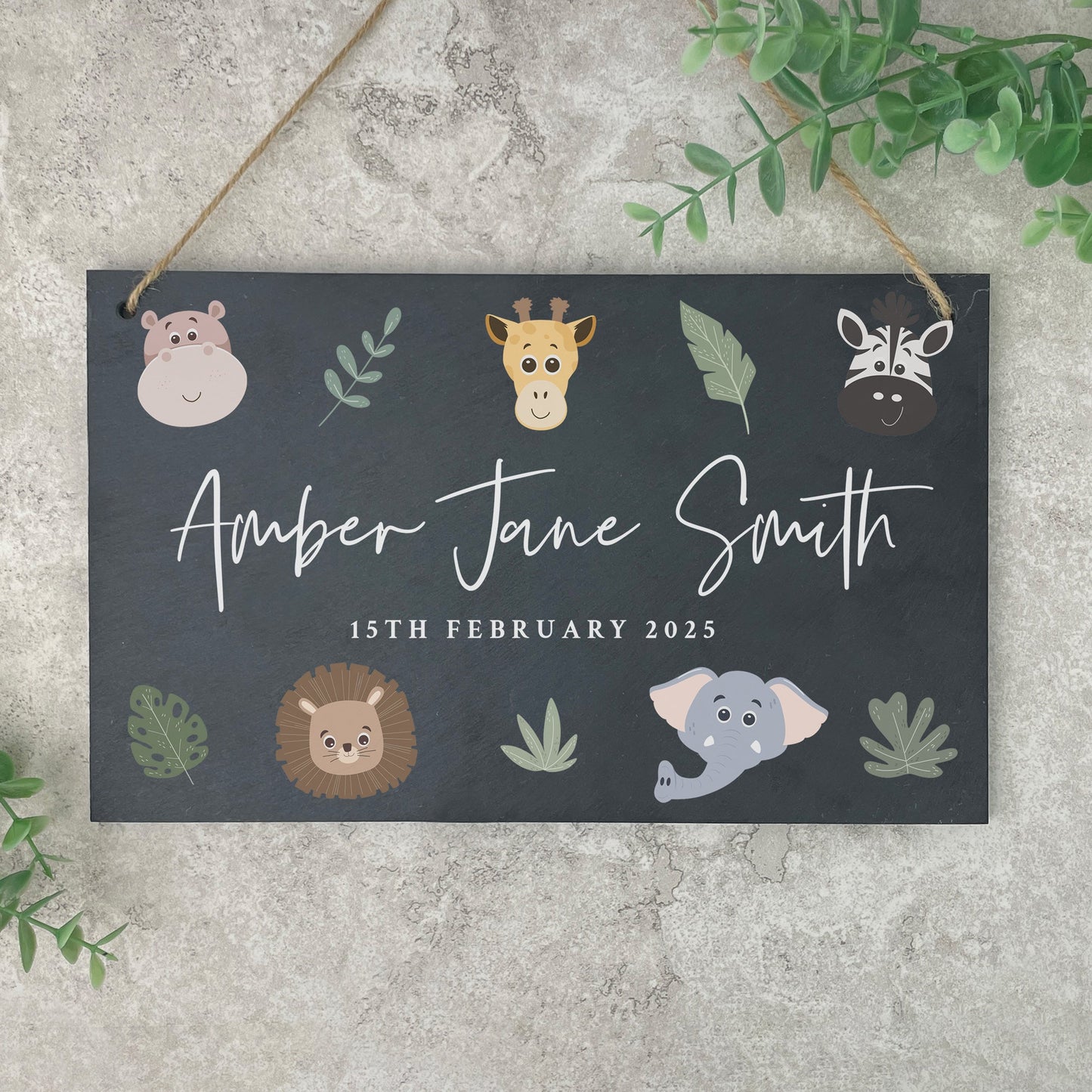Personalised Jungle New Baby Hanging Nursery Sign 25 x 15cm
