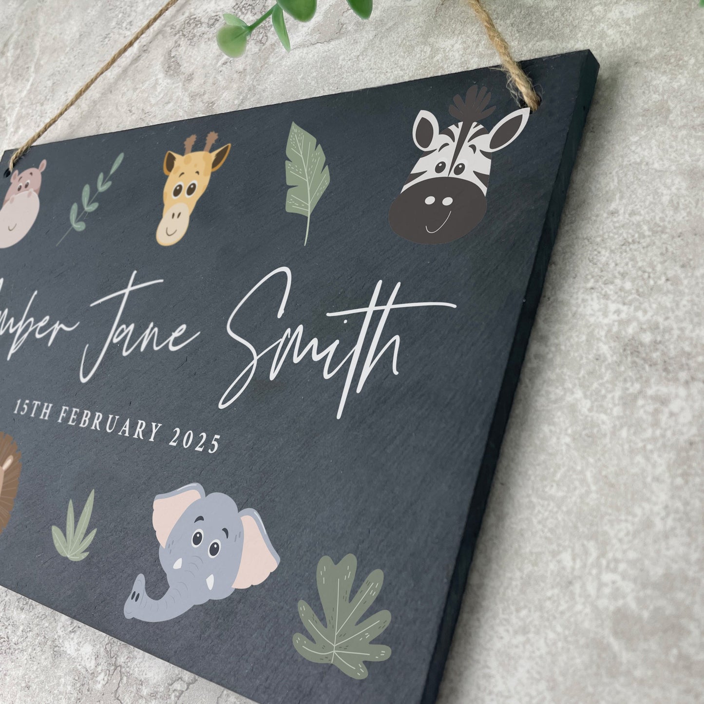 Personalised Jungle New Baby Hanging Nursery Sign 25 x 15cm