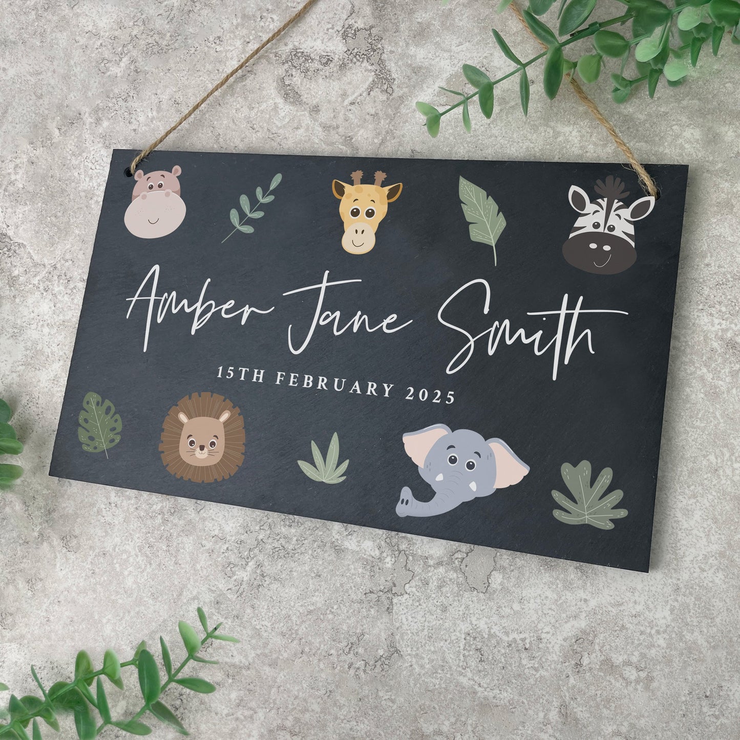 Personalised Jungle New Baby Hanging Nursery Sign 25 x 15cm