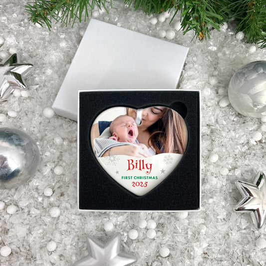 My First Christmas Photo Ceramic Heart Hanging Decoration + Gift Box