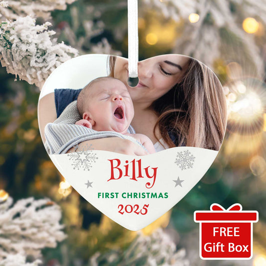My First Christmas Photo Ceramic Heart Hanging Decoration + Gift Box