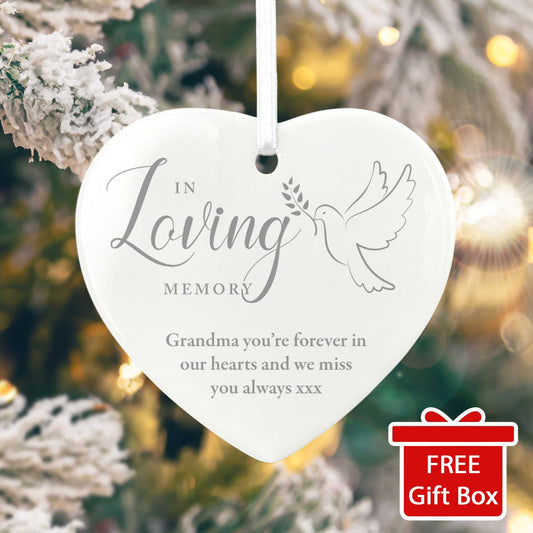 In Loving Memory Dove Ceramic Heart Hanging Decoration + Gift Box