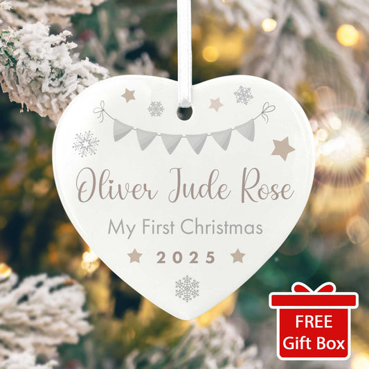 My First Christmas Baby Garland Ceramic Heart Hanging Decoration + Gift Box