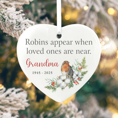 Robins Appear Ceramic Heart Hanging Decoration + Gift Box