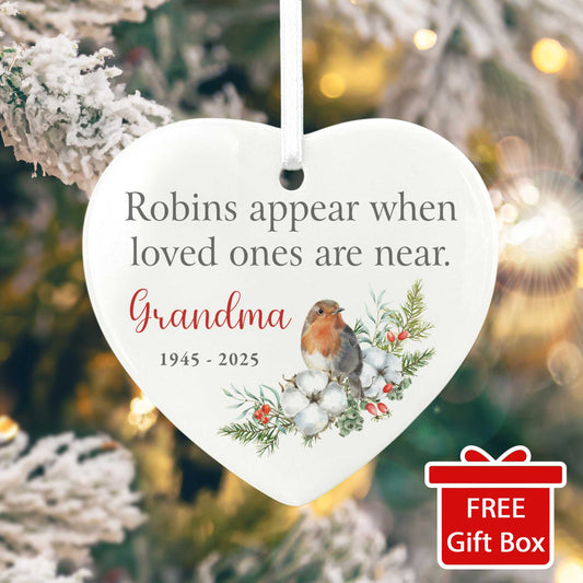 Robins Appear Ceramic Heart Hanging Decoration + Gift Box