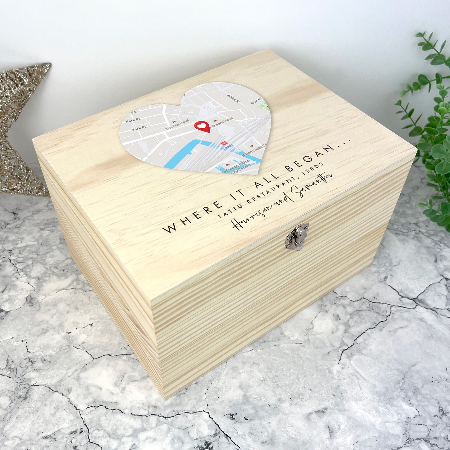 Personalised Heart Map Location Wooden Keepsake Memory Box - 5 Sizes