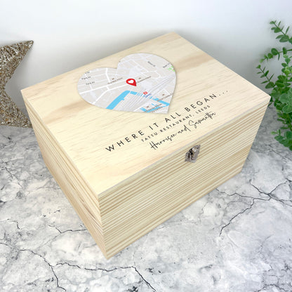 Personalised Heart Map Location Wooden Keepsake Memory Box - 5 Sizes