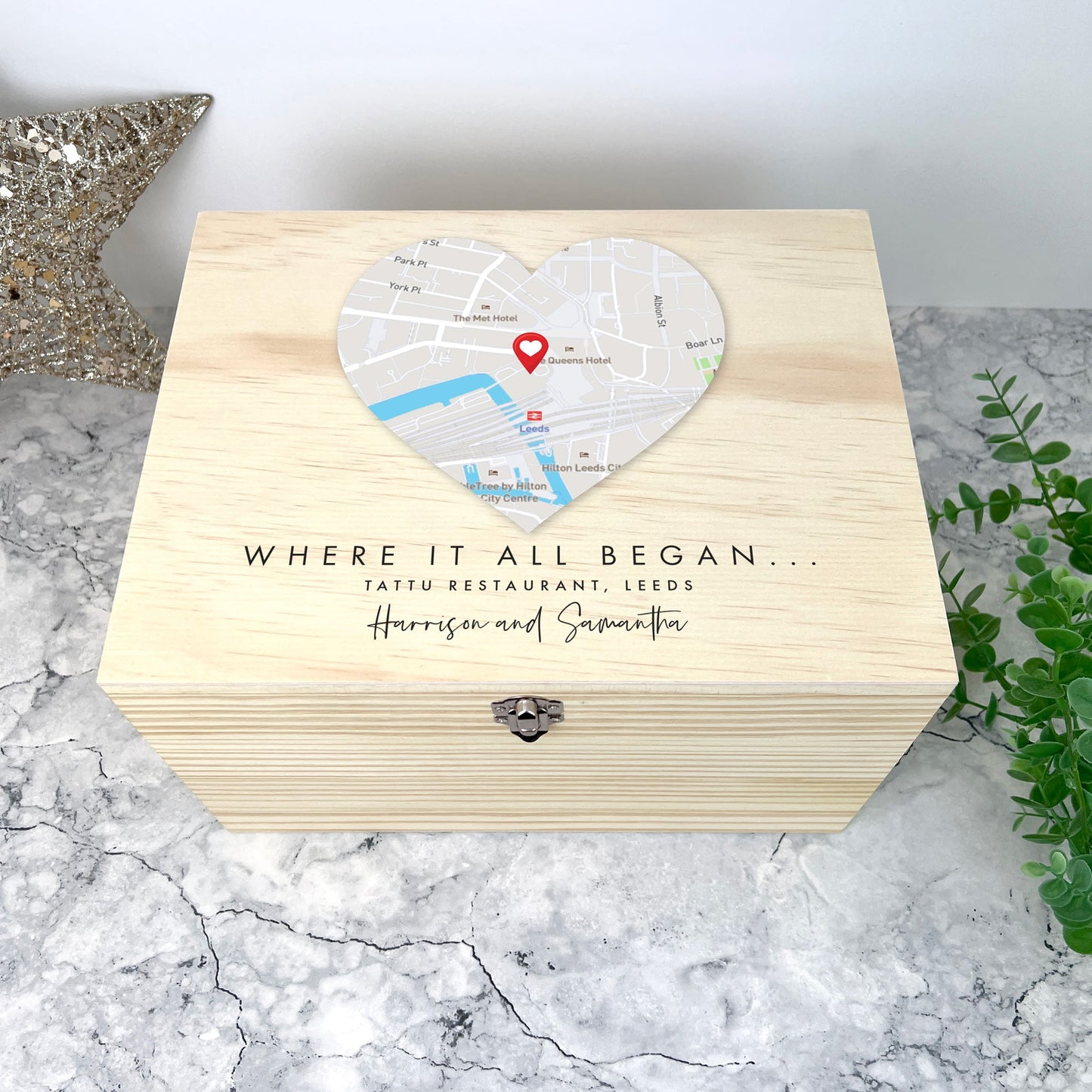 Personalised Heart Map Location Wooden Keepsake Memory Box - 5 Sizes