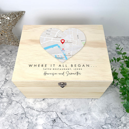 Personalised Heart Map Location Wooden Keepsake Memory Box - 5 Sizes
