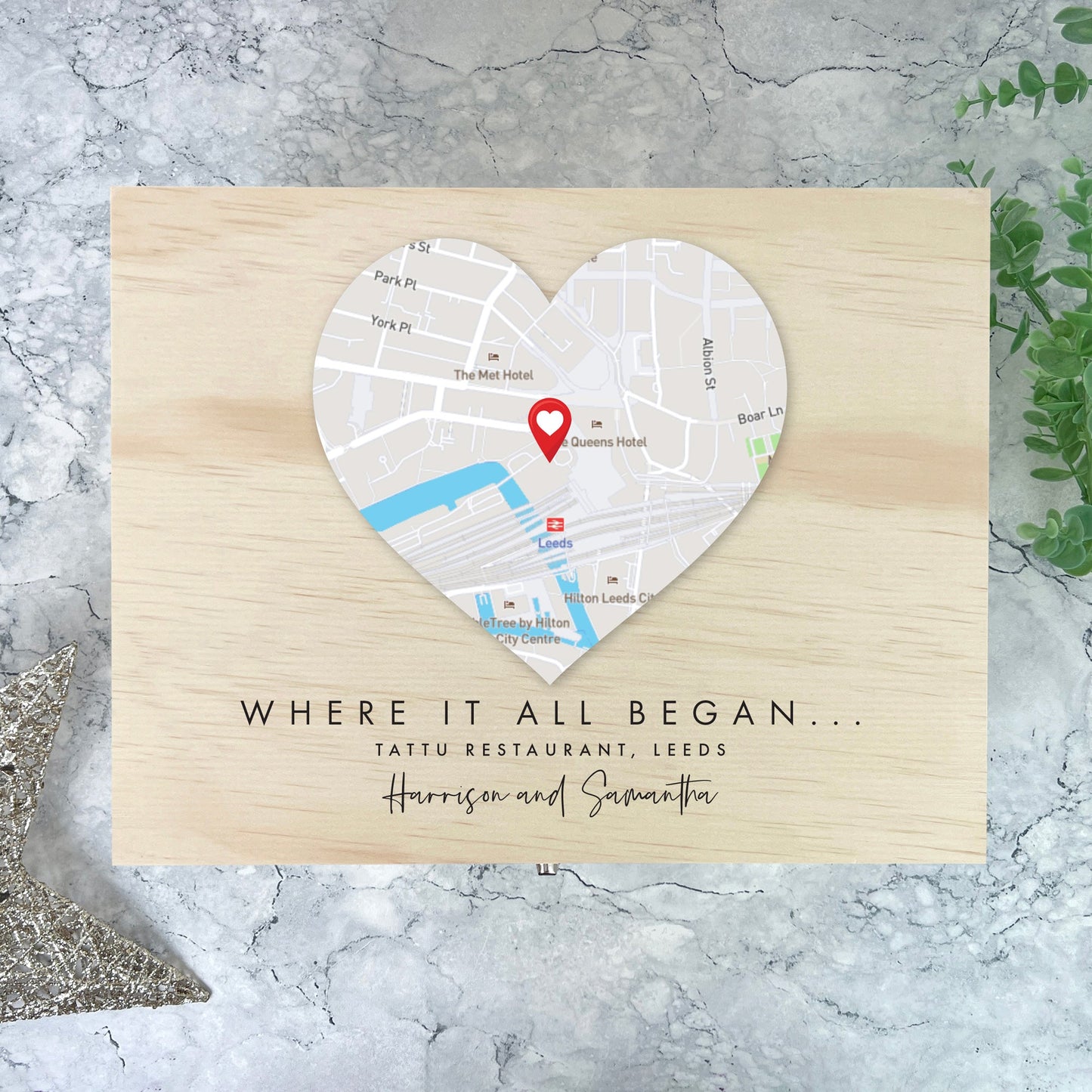 Personalised Heart Map Location Wooden Keepsake Memory Box - 5 Sizes