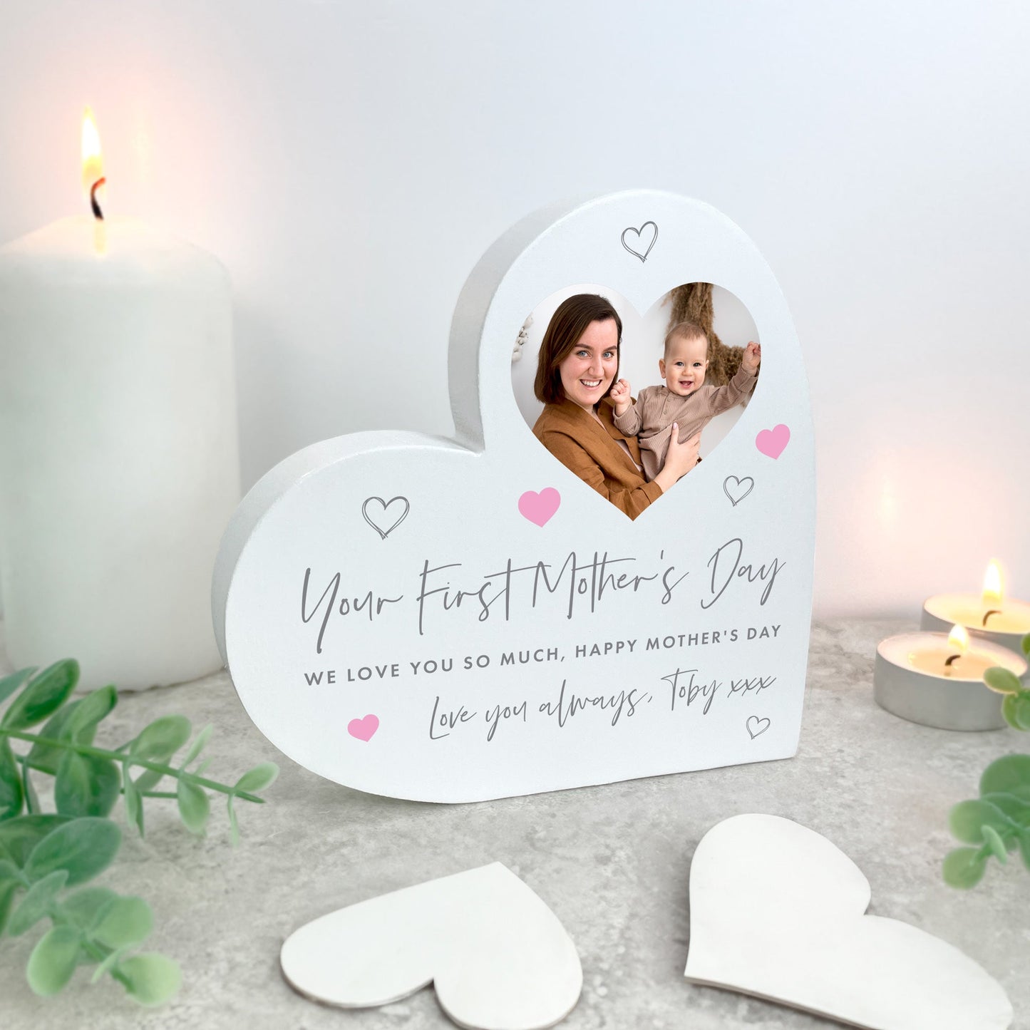 Personalised First Mother's Day White Freestanding Heart