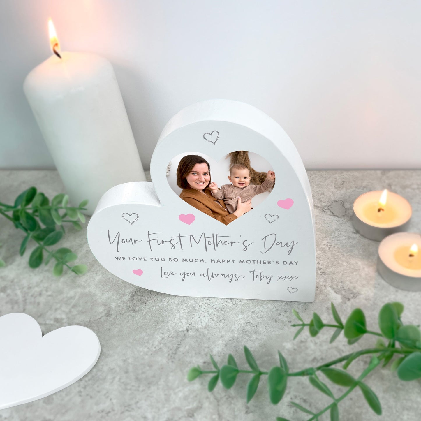 Personalised First Mother's Day White Freestanding Heart