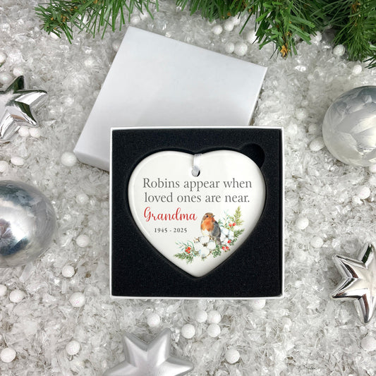 Robins Appear Ceramic Heart Hanging Decoration + Gift Box