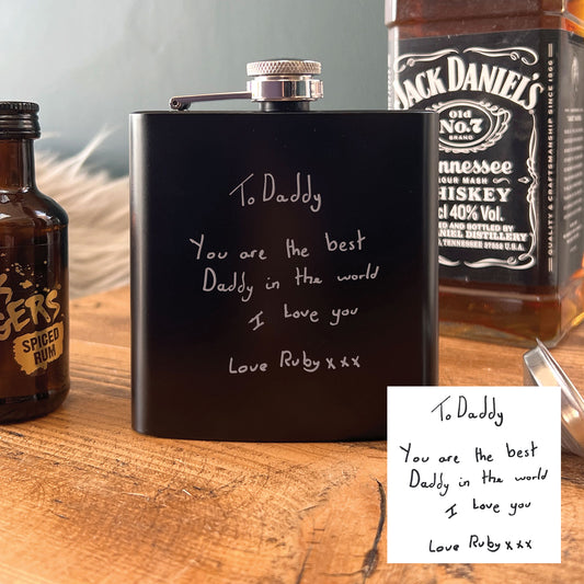 Personalised Engraved Black Metal Hip Flask 6oz | Using Your Own Handwriting | Memorial or Gifting