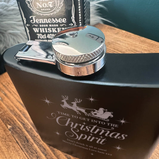 Personalised Christmas Spirit Engraved Black Metal Hip Flask 6oz