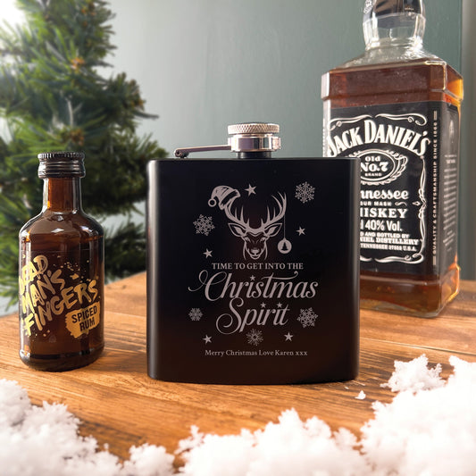 Personalised Christmas Stag Engraved Black Metal Hip Flask 6oz