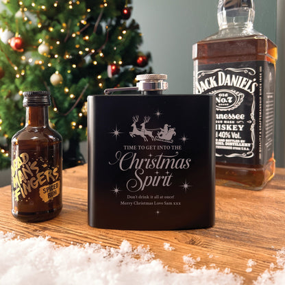 Personalised Christmas Spirit Engraved Black Metal Hip Flask 6oz + Luxury Gift Box