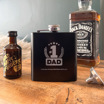 Personalised No.1 Dad Engraved Black Metal Hip Flask 6oz