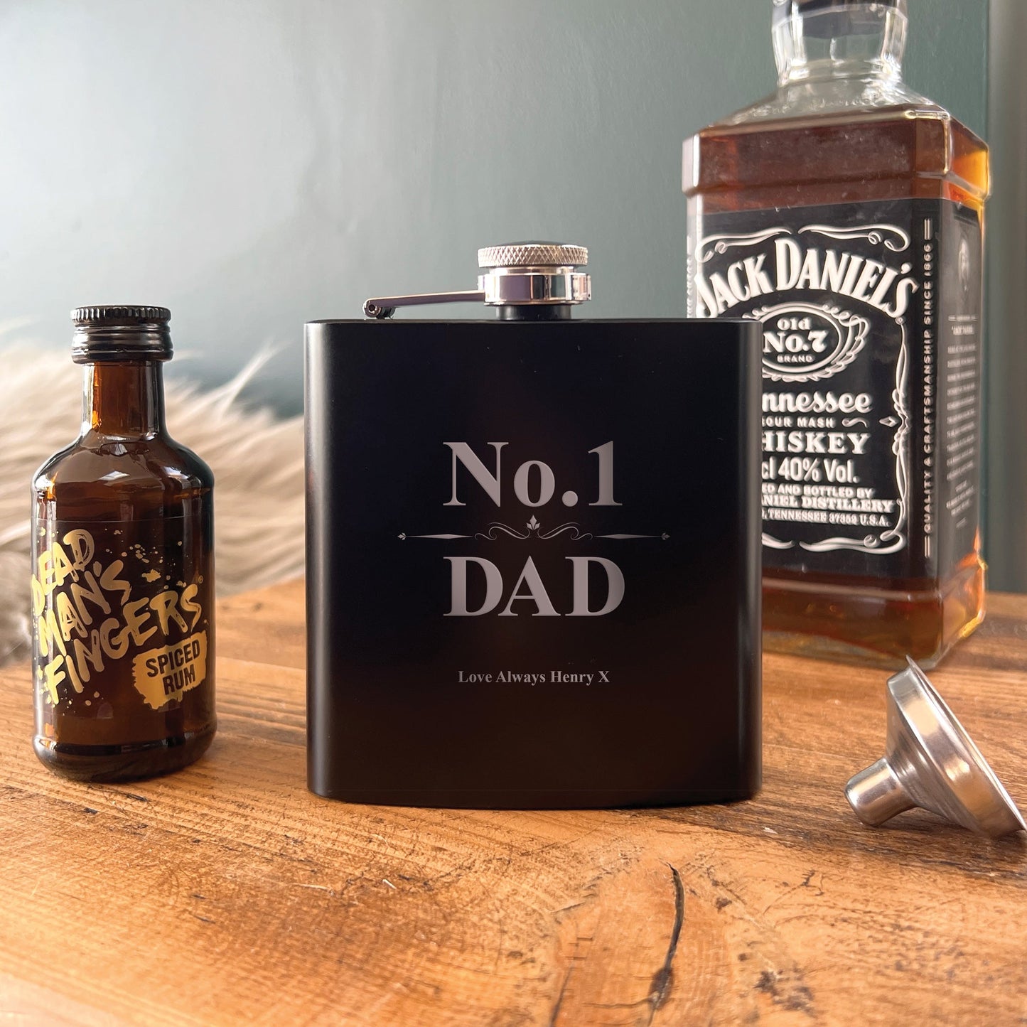 Personalised No.1 Dad Scroll Engraved Black Metal Hip Flask 6oz