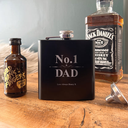 Personalised No.1 Dad Scroll Engraved Black Metal Hip Flask 6oz