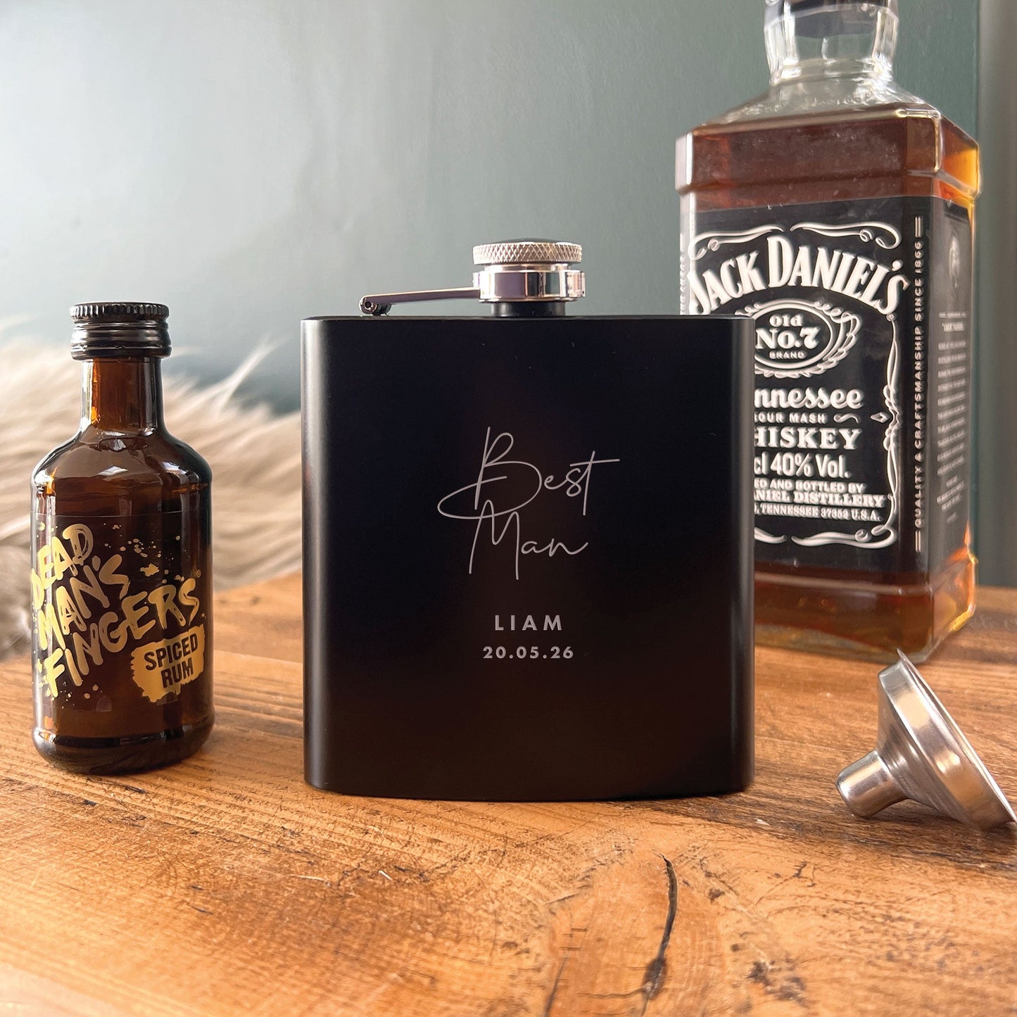 Personalised Engraved Black Metal Hip Flask 6oz - Script Font | Wedding Groomsman & Father of the Bride/Groom Gift