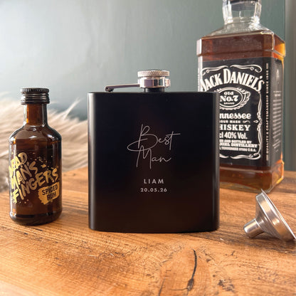 Personalised Engraved Black Metal Hip Flask 6oz - Script Font | Wedding Groomsman & Father of the Bride/Groom Gift