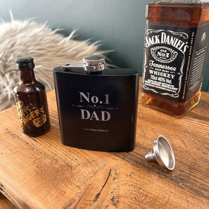 Personalised No.1 Dad Scroll Engraved Black Metal Hip Flask 6oz