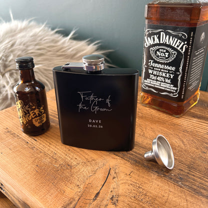 Personalised Engraved Black Metal Hip Flask 6oz - Script Font | Wedding Groomsman & Father of the Bride/Groom Gift