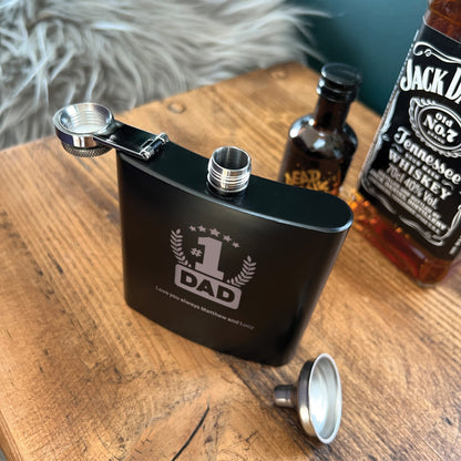 Personalised No.1 Dad Engraved Black Metal Hip Flask 6oz
