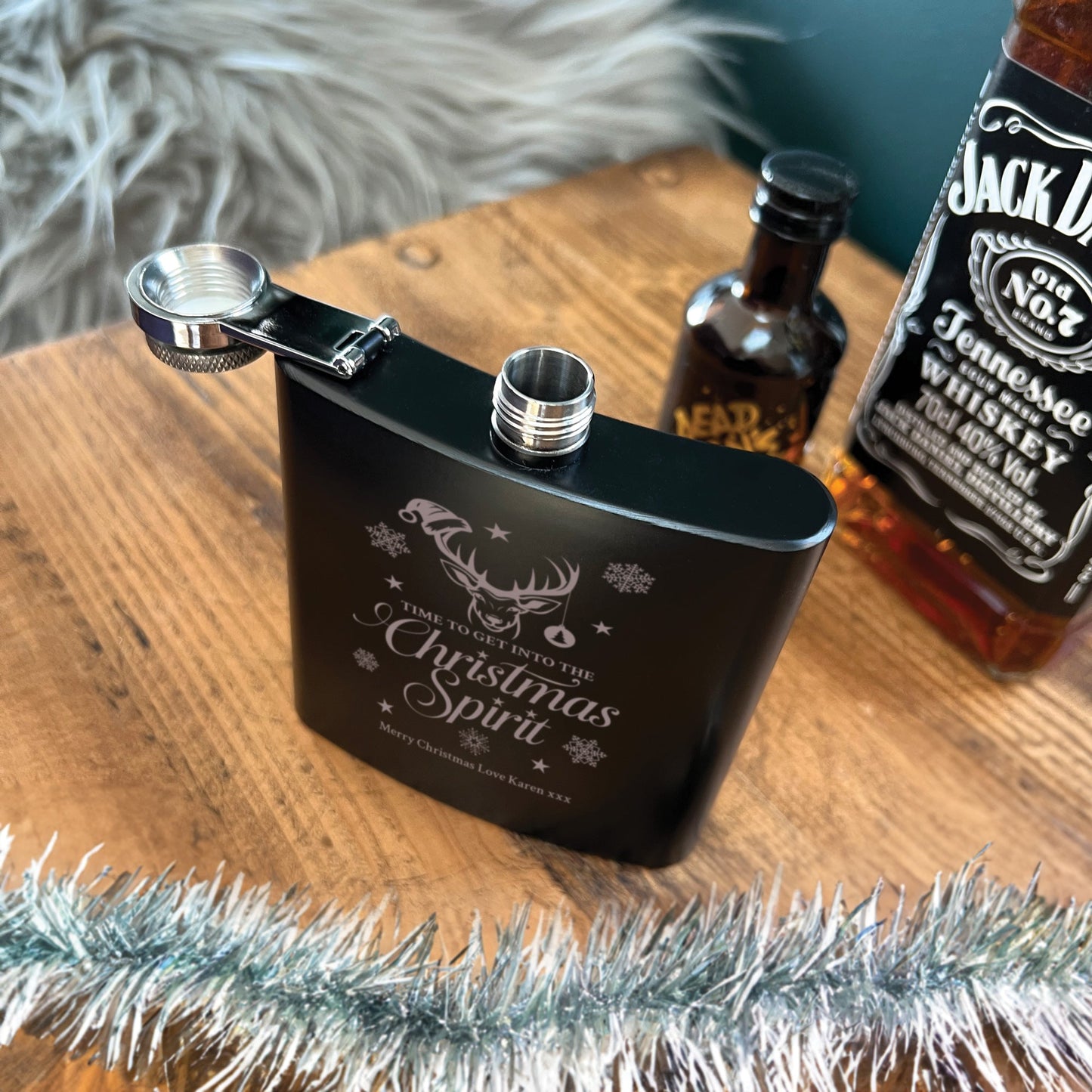 Personalised Christmas Stag Engraved Black Metal Hip Flask 6oz
