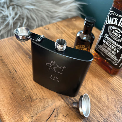 Personalised Engraved Black Metal Hip Flask 6oz - Script Font | Wedding Groomsman & Father of the Bride/Groom Gift