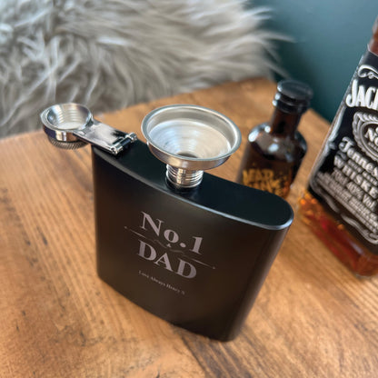 Personalised No.1 Dad Scroll Engraved Black Metal Hip Flask 6oz