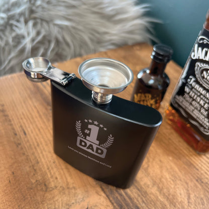 Personalised No.1 Dad Engraved Black Metal Hip Flask 6oz
