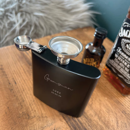 Personalised Engraved Black Metal Hip Flask 6oz - Script Font | Wedding Groomsman & Father of the Bride/Groom Gift