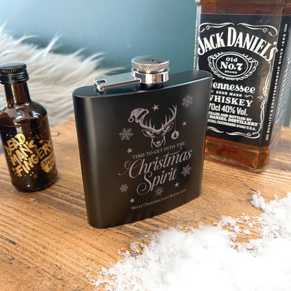 Personalised Christmas Stag Engraved Black Metal Hip Flask 6oz