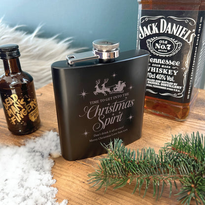 Personalised Christmas Spirit Engraved Black Metal Hip Flask 6oz + Luxury Gift Box