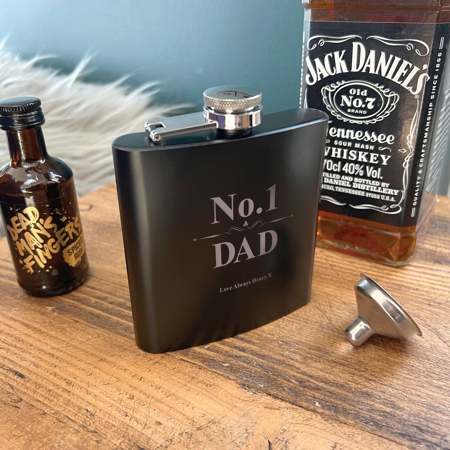 Personalised No.1 Dad Scroll Engraved Black Metal Hip Flask 6oz