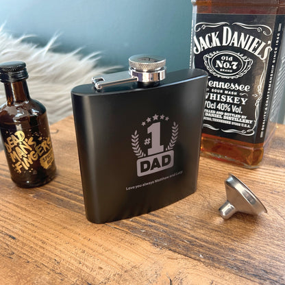 Personalised No.1 Dad Engraved Black Metal Hip Flask 6oz