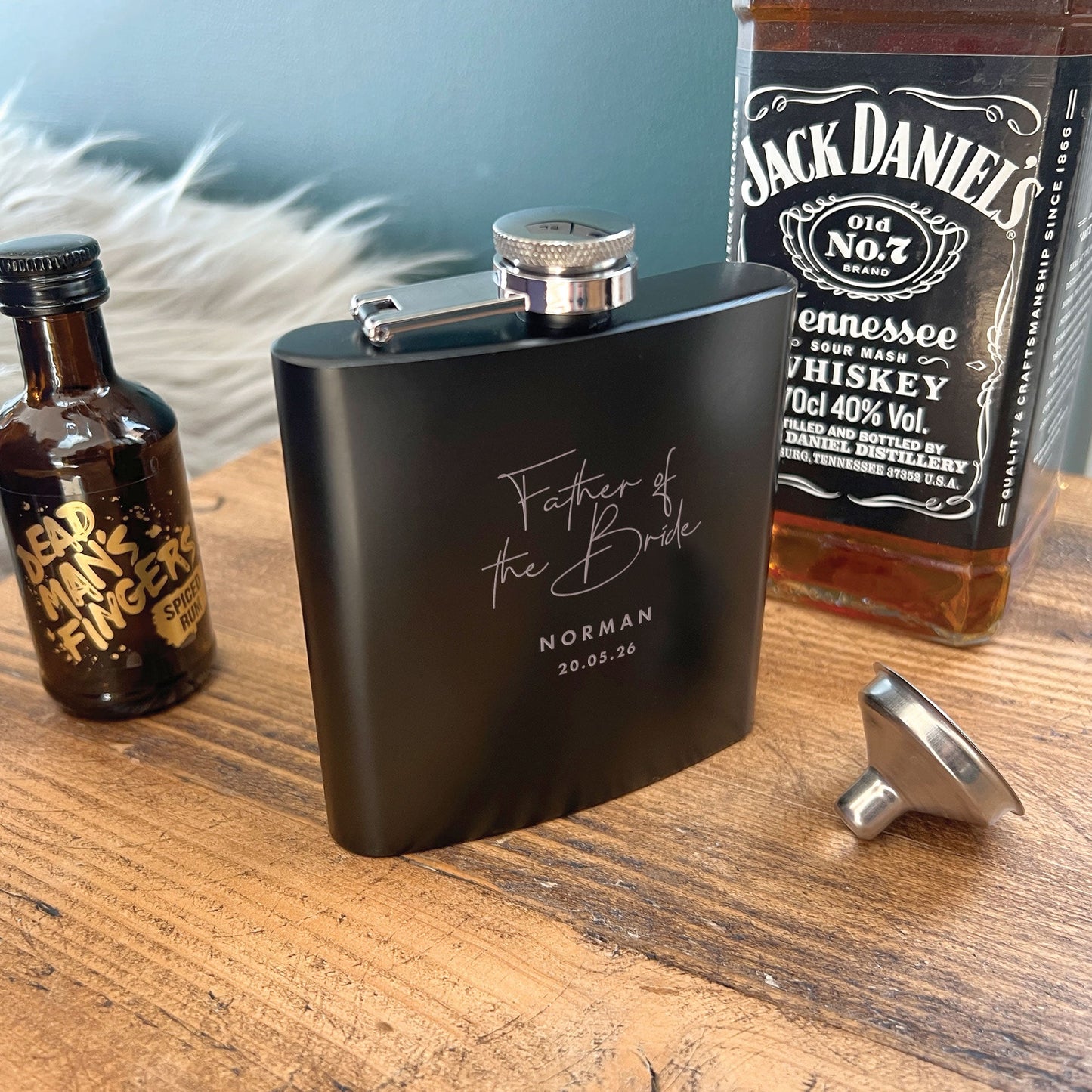 Personalised Engraved Black Metal Hip Flask 6oz - Script Font | Wedding Groomsman & Father of the Bride/Groom Gift