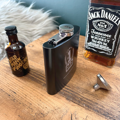 Personalised No.1 Dad Engraved Black Metal Hip Flask 6oz