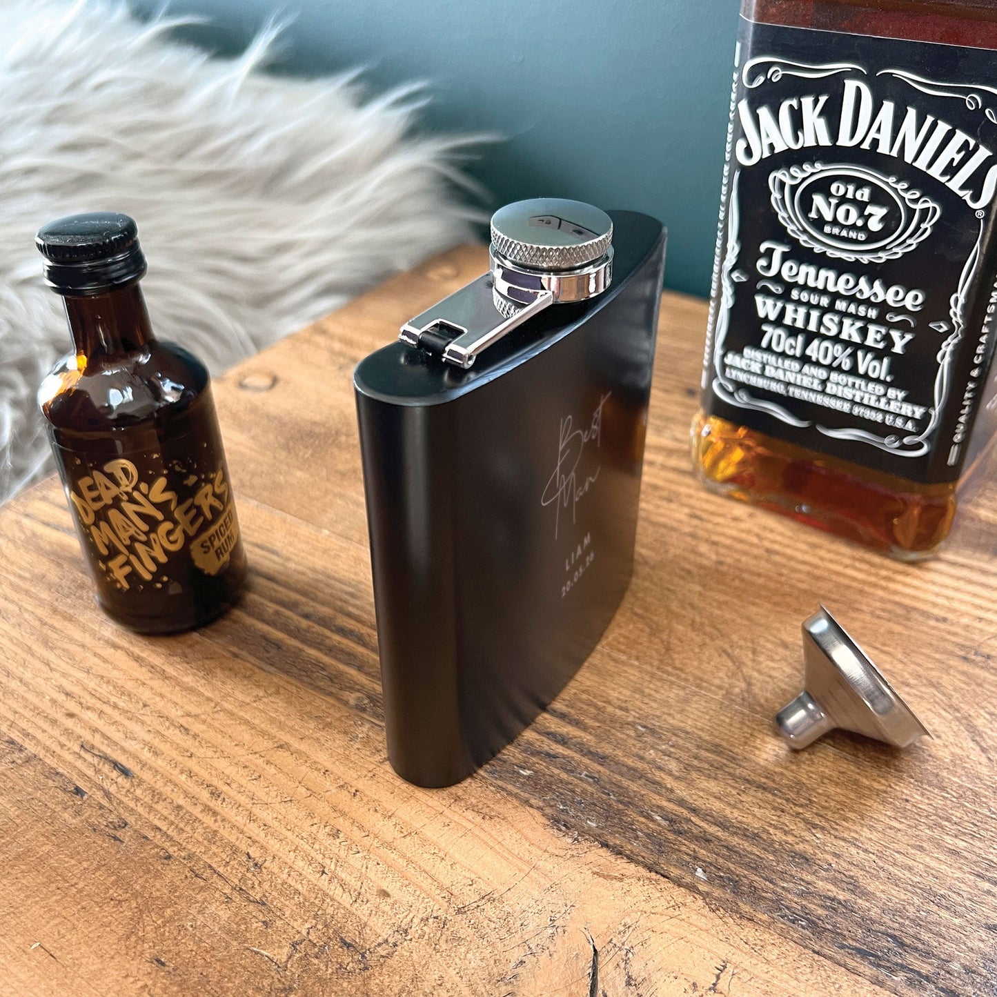 Personalised Engraved Black Metal Hip Flask 6oz - Script Font | Wedding Groomsman & Father of the Bride/Groom Gift